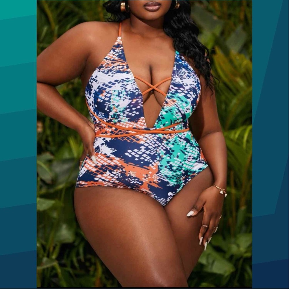 Plus Snakeskin Criss Cross One Piece Swimsuit